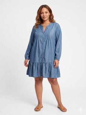 BEACHLUNCHLOUNGE Chambray Tiered Dress XL 24” p2p Denim Blue NWOT
